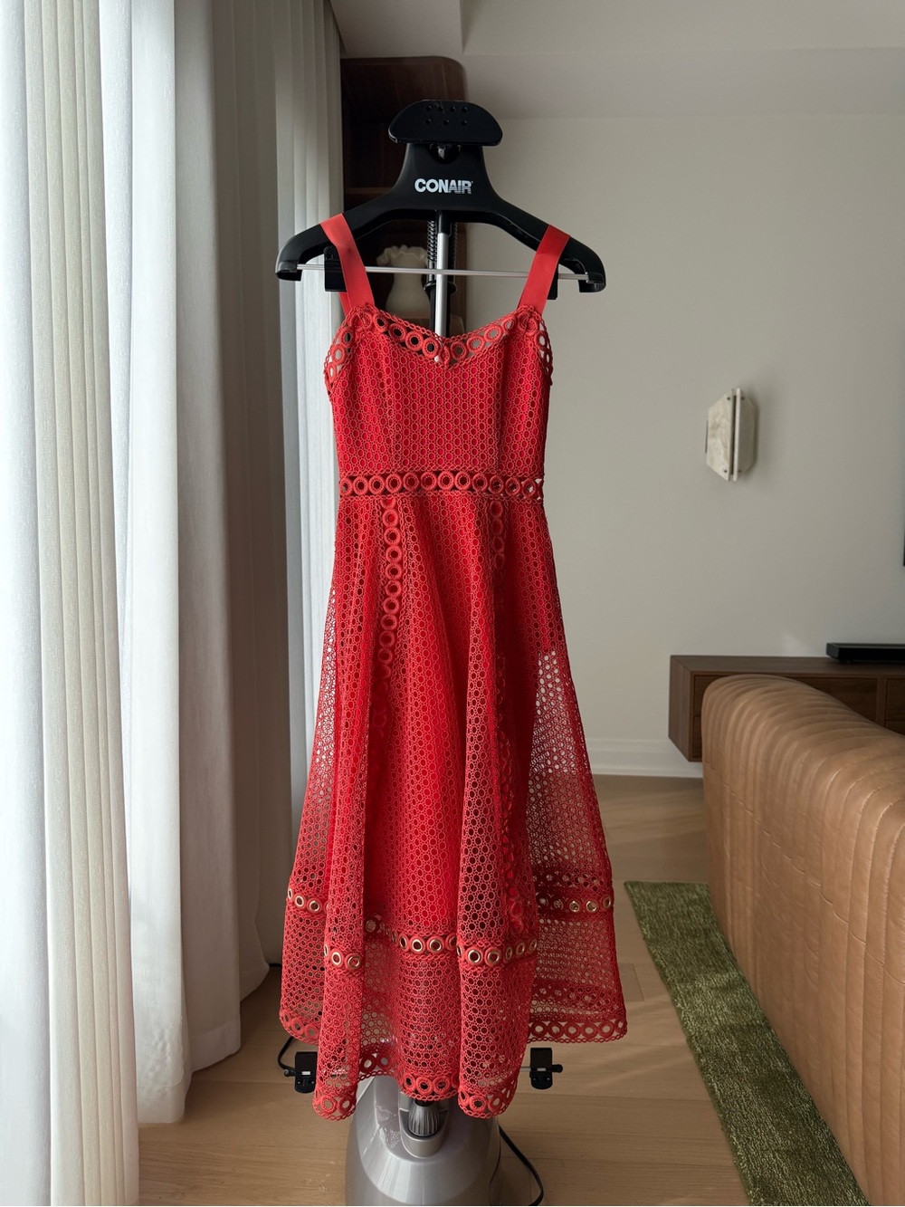 maje Red Eyelet Lace Fit-and-Flare Midi Dress Red